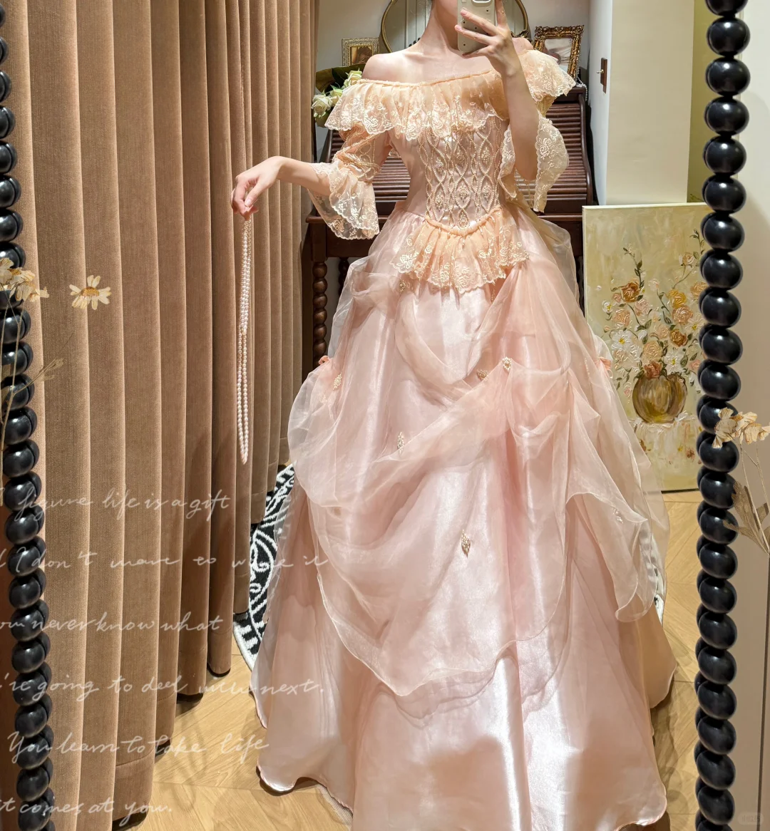 Vintage A-Line Pink Bell Sleeves Lace Embroidery Evening Gown TP5452