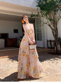 New Fashion Floral V-neck Design Elegant Beach Holiday A-line Sleeveless Halter Dress Summer DressTP4257