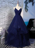 Beautiful Navy Blue Tulle V-neckline Spaghetti Straps A-Line Ball Gown TP02