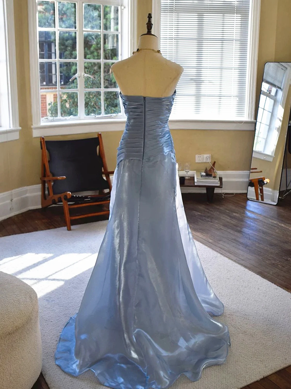 Inspired Blue Strapless Pleated Mermaid Gown Prom Evening Dresses Elegant
