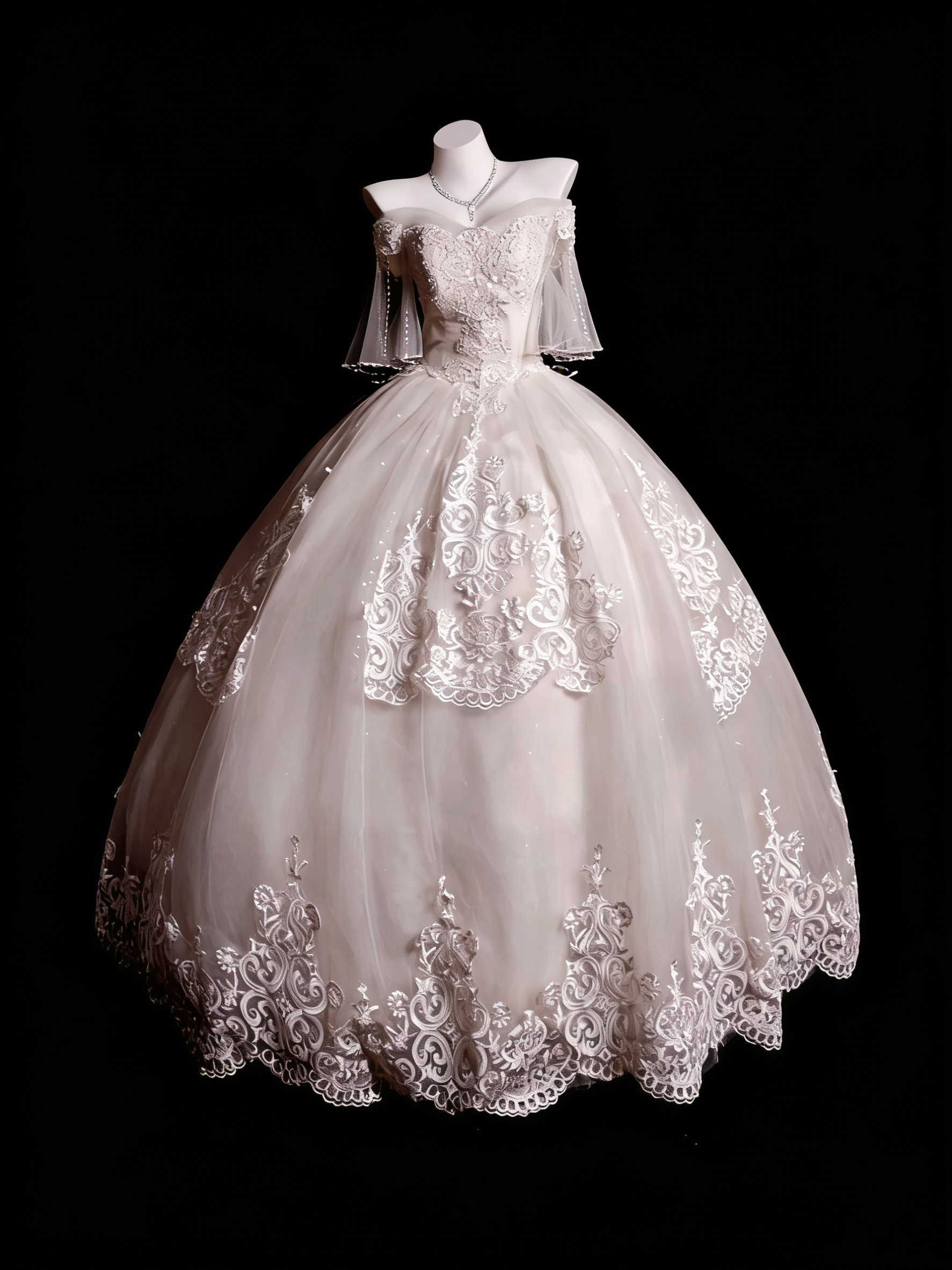Luxury Court Style Satin & Tulle Floor-Length Ballgown Off-Shoulder Beaded Embroidery Train Wedding Dress - Ceremony Gown for Wedding & Engagement Banquet gh6494