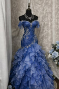 Vintage Blue Off-the-Shoulder Ruffled Mermaid Prom Dress Beading Evening Gown TP5853