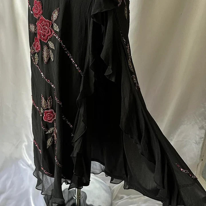 Black gorgeous tight strapless exquisite red rose floral beaded long tulle ball gown evening dress gh3157