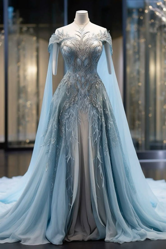 Vintage Light Blue Chiffon Applique Sequin Off-the-shoulder Design Elegant A-Line Evening Dress Prom Dress TP4120