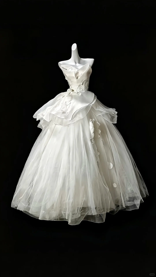 White Strapless Waist-Cinched Voluminous Skirt Evening Dress, Fairy Gown, Romantic Gown gh7365