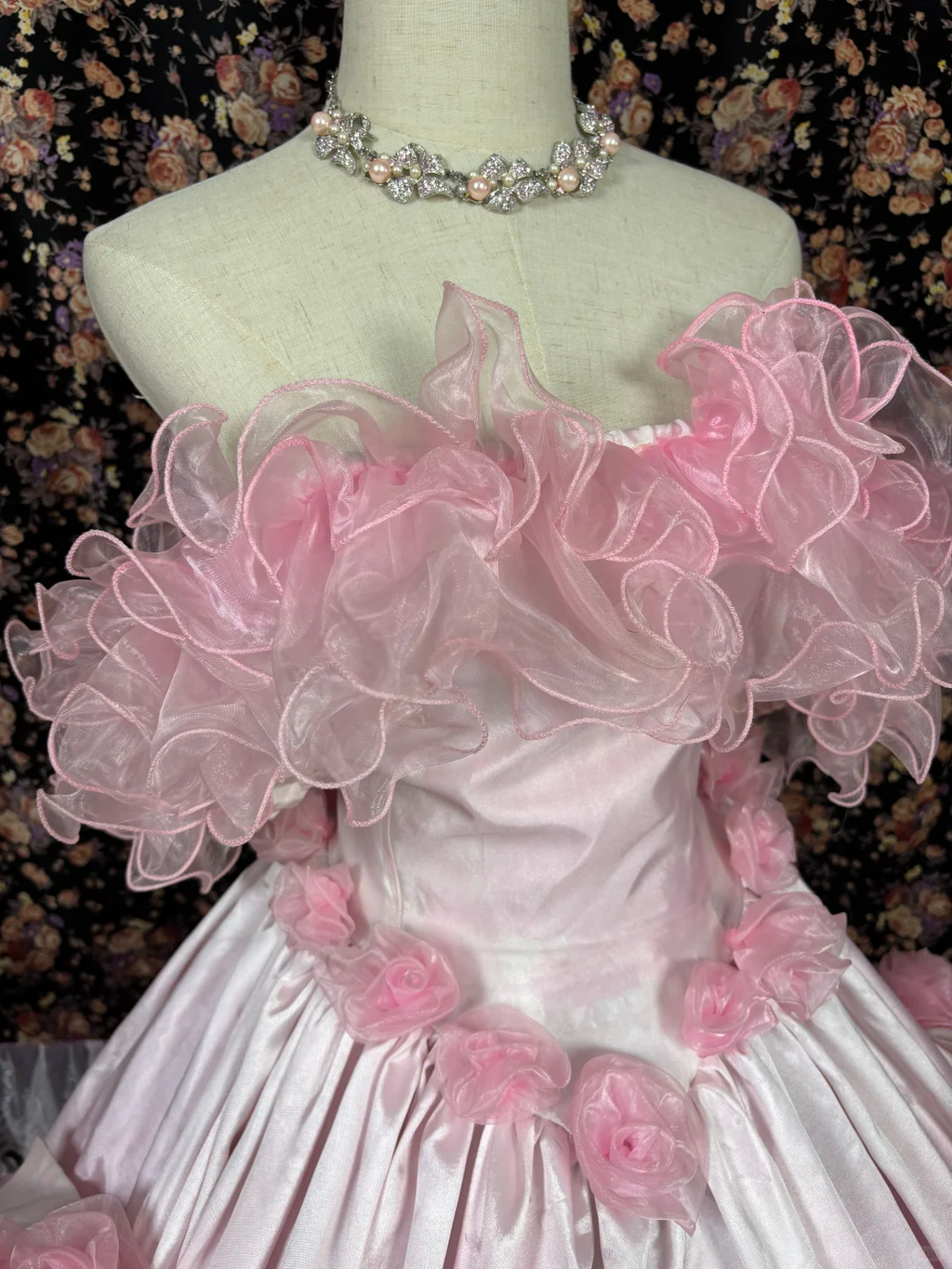 Vintage Pink Satin Tulle 3D Flowers Off-the-shoulder Sweet 16 Quinceanera A-Line Evening Dress Ball Gown TP4264