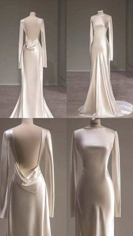 Fairytale Long Sleeve Wedding Dress Mermaid Satin Bride Gown Open Back
