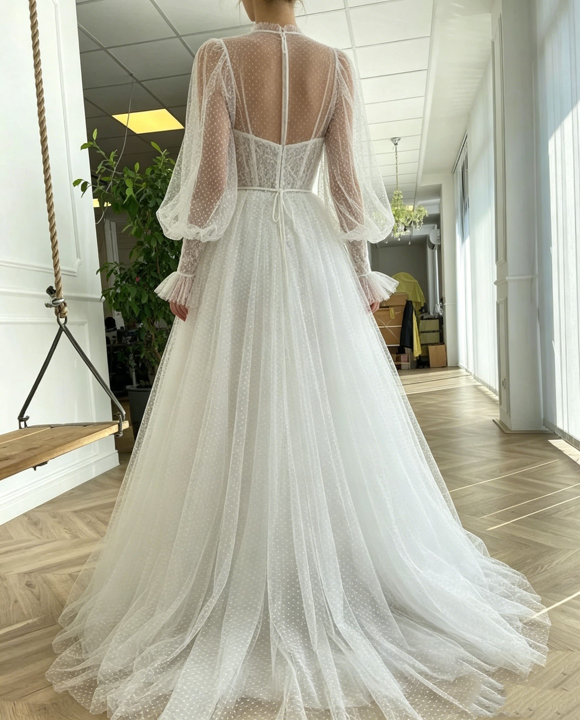 Vintage Dotted Tulle Puff Sleeve Illusion Neck A-Line Wedding TP5913