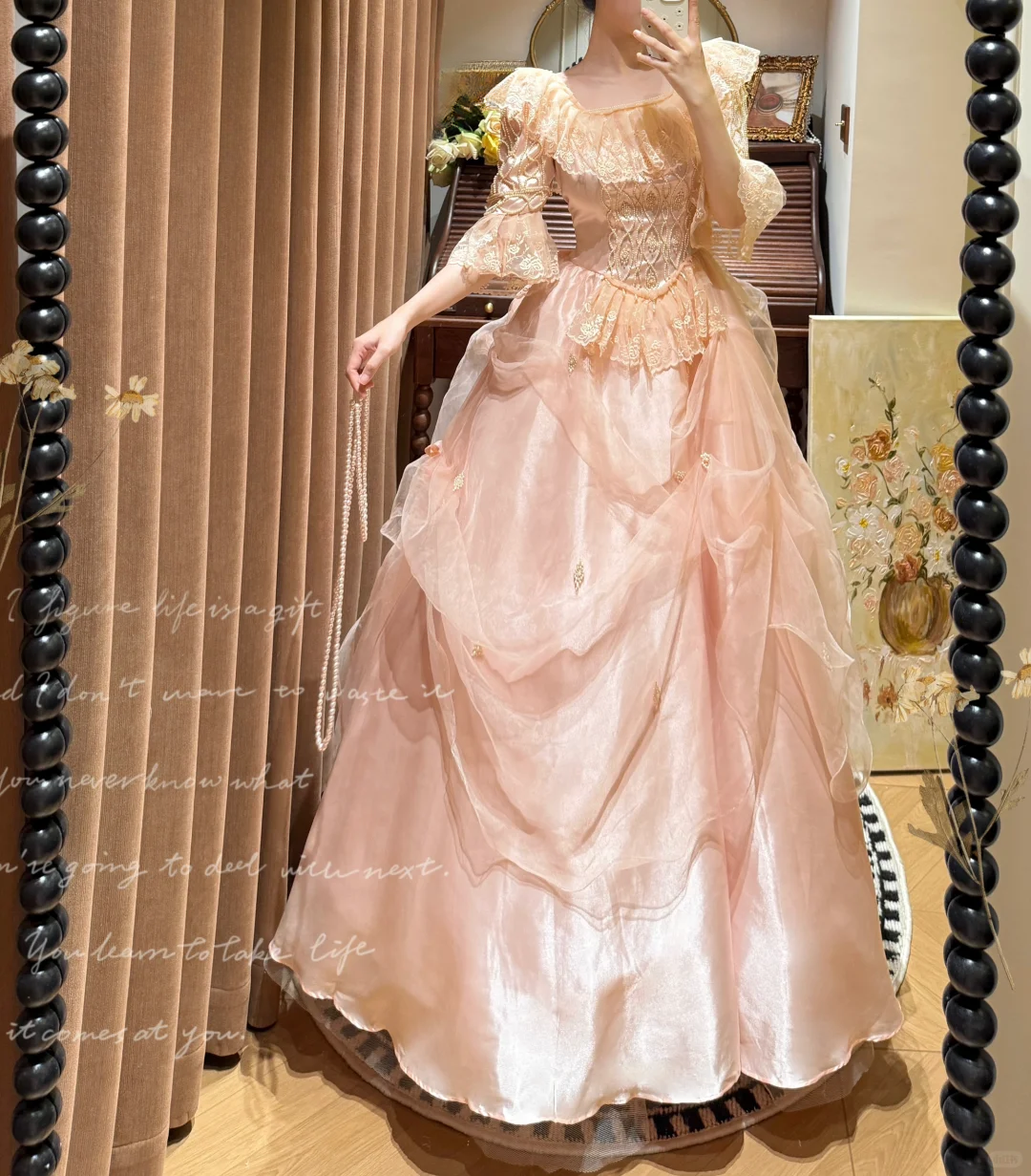 Vintage A-Line Pink Bell Sleeves Lace Embroidery Evening Gown TP5452