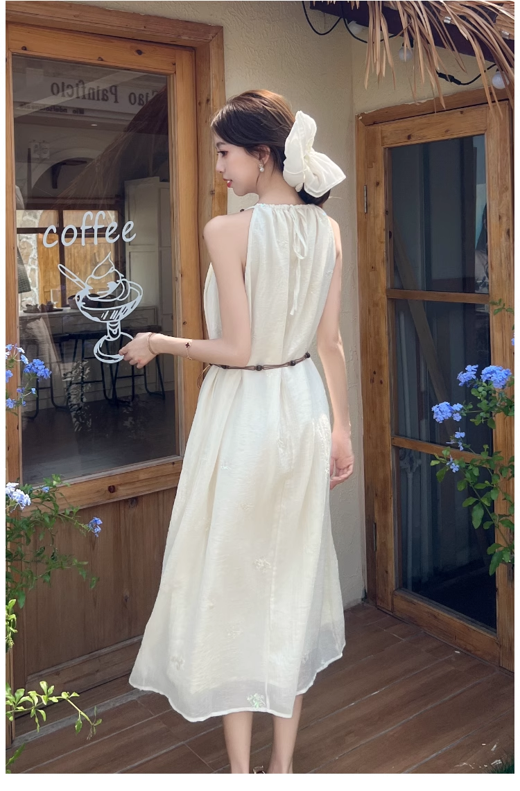 Simple Fashion White Sleeveless Design Beach Holiday A-line with Belt Jacquard Halter Dress TP3379