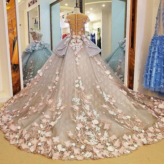 Light pink gorgeous delicate floral applique long tulle floor length train ball gown evening dress gh3324