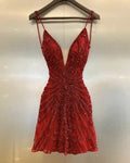 Sexy Burgundy Shiny Beaded Spaghetti Strap A-Line Short Party Dress Cocktail Dress Homecoming Dress TP4375