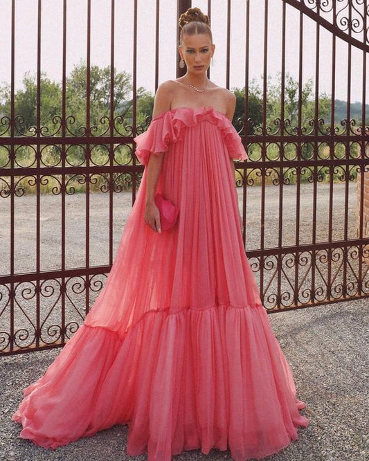 Pink Fashion Long Ruffle Neck Chiffon Formal Prom Dress Evening Dress Wedding Guest Dress gh3072