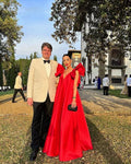 Vintage Red A-Line Prom Dress Long V-neck Evening Dress Satin Ruffles Formal Dress TP4577