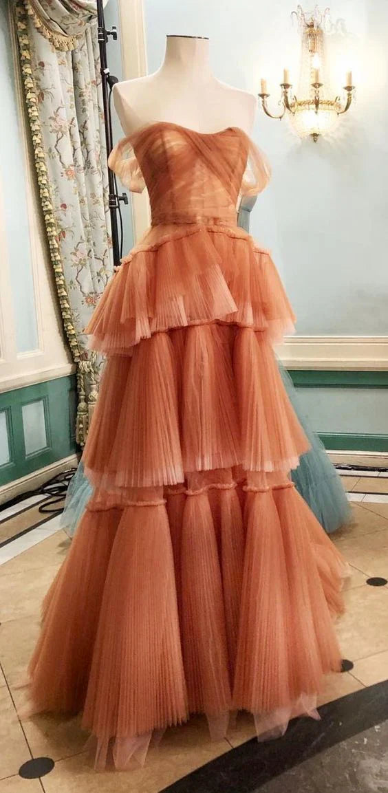 Vintage Elegant A-Line Tiered Prom Dress Long Sweetheart Evening Dress Chiffon  Formal Dress TP4578