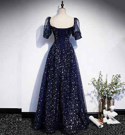 Blue tulle long prom dress blue evening dress  8425