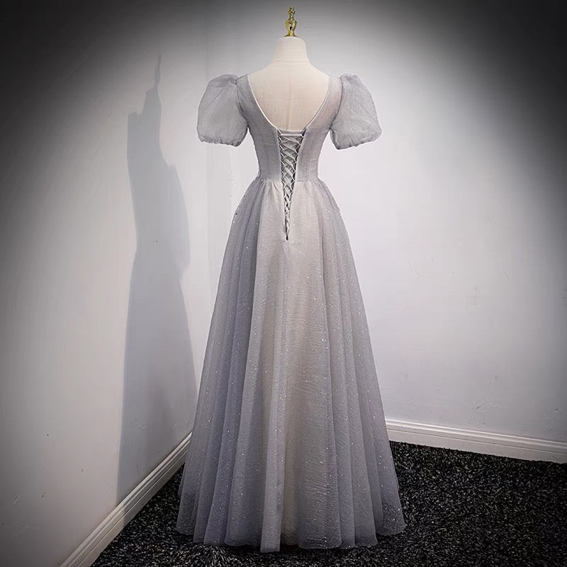 Gray tulle beads long prom dress A line evening dress  8956