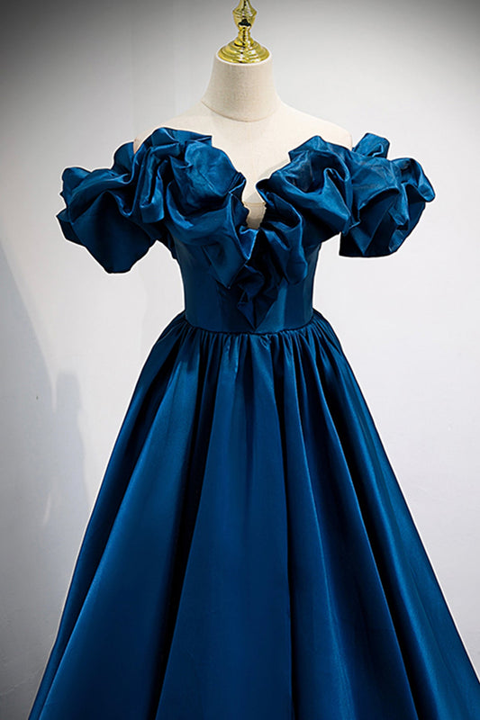 Blue satin long A line prom dress blue evening dress  8877