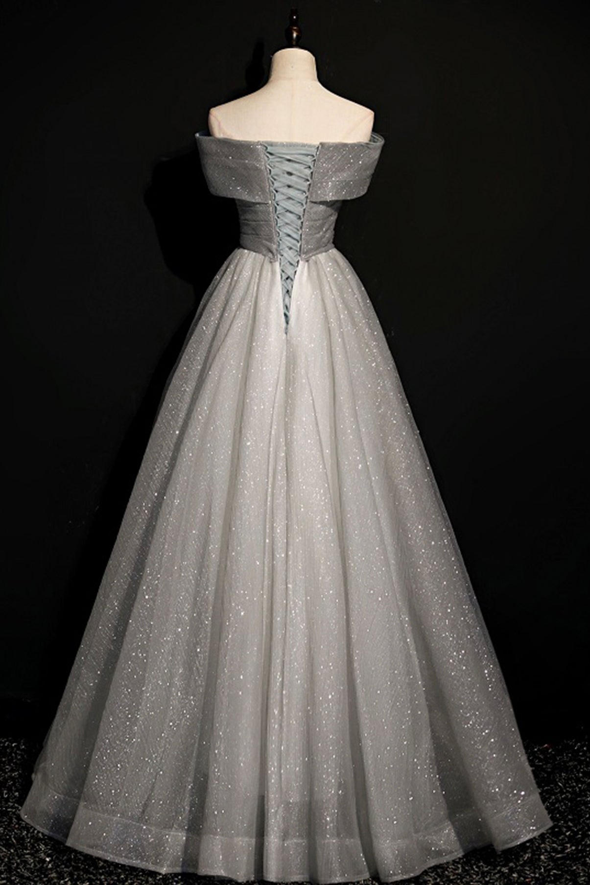 Gray tulle sequins long A line prom dress evening dress  8701