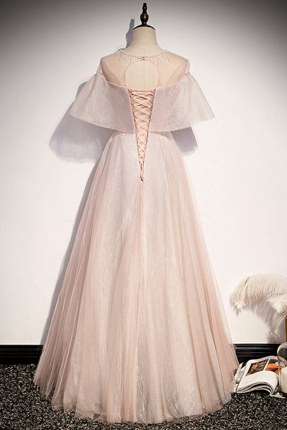 Pink tulle long A line prom dress pink evening dress  8707