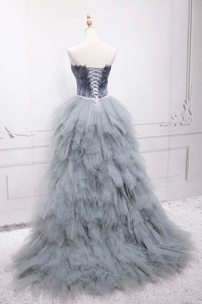 Unique tulle high low prom dress A line evening dress  8578