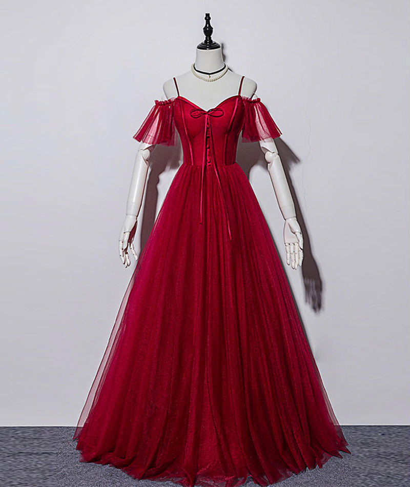 Burgundy tulle long prom gown formal dress  8496
