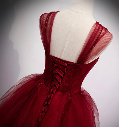Burgundy tulle long ball gown dress evening dress  8978