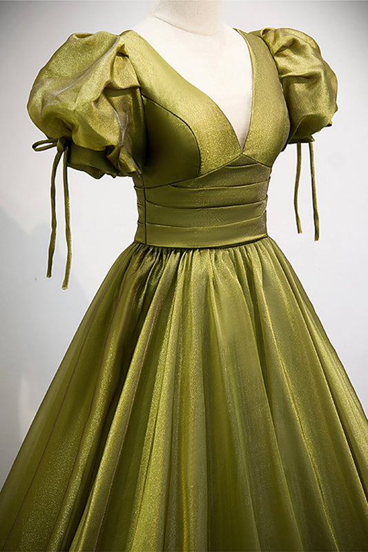 Green v neck tulle long prom dress A line evening dress  8878