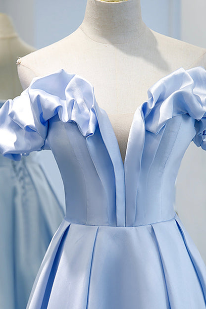 Blue satin long A line prom dress blue evening dress  8746
