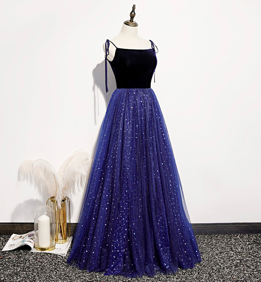 Blue tulle sequins long prom dress evening dress  8463