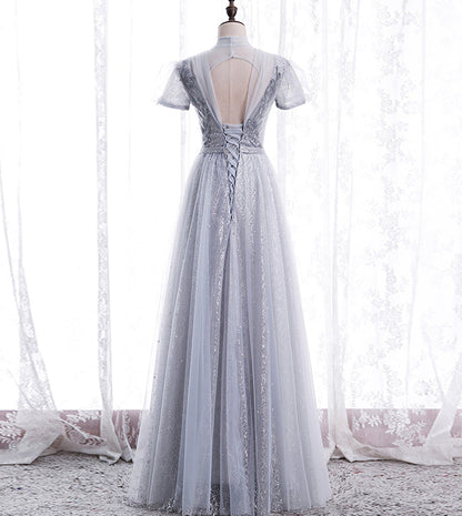 A line tulle sequins long prom dress evening dress  8439