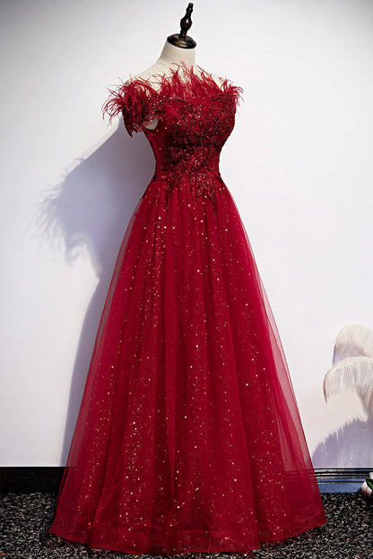 Burgundy tulle sequins long A line prom dress evening dress  8710