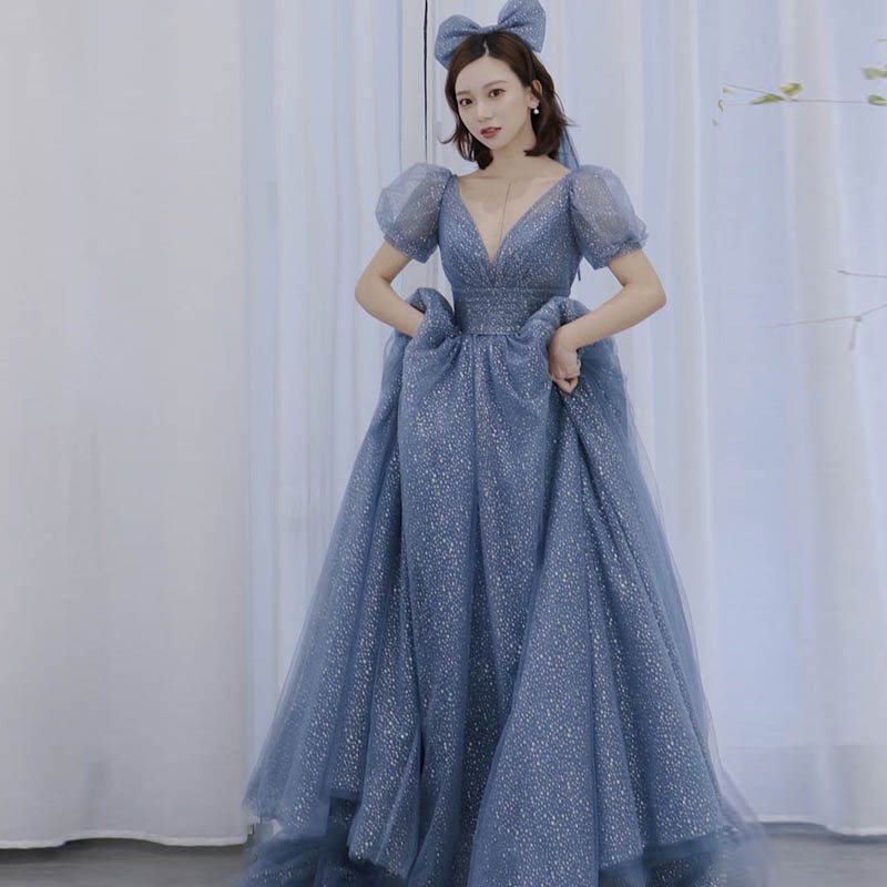 Blue tulle long A line prom dress blue evening dress  8865