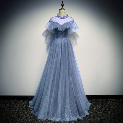 Elegant tulle round neck long prom dress, evening dress  8110