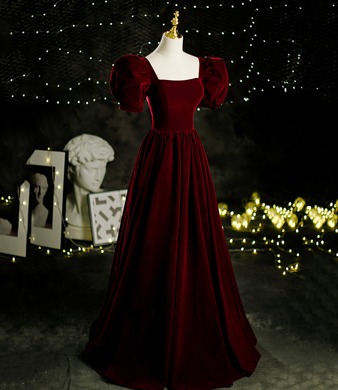 Burgundy velvet long A line prom dress evening dress  8804