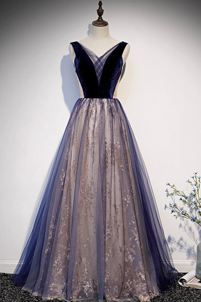 Blue v neck tulle long A line prom dress formal dress  8636