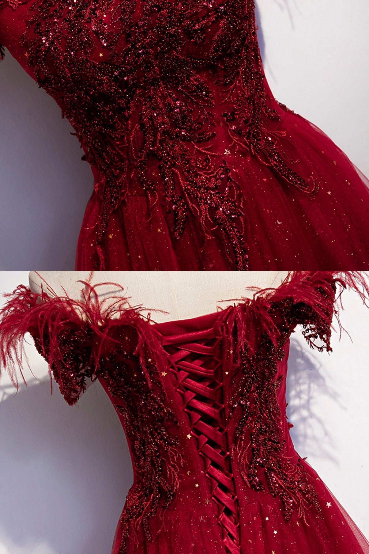 Burgundy tulle sequins long A line prom dress evening dress  8710