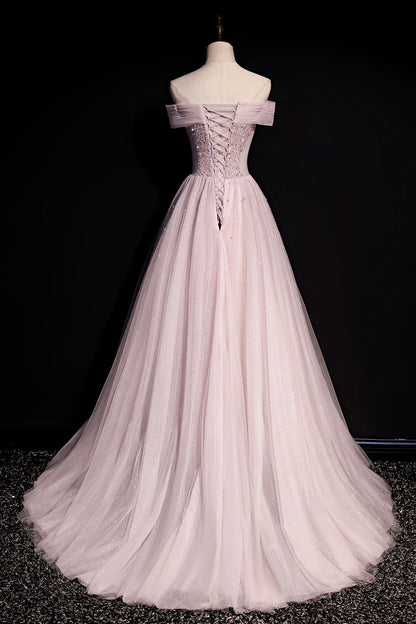 Pink tulle beads long prom dress A line evening dress  8648