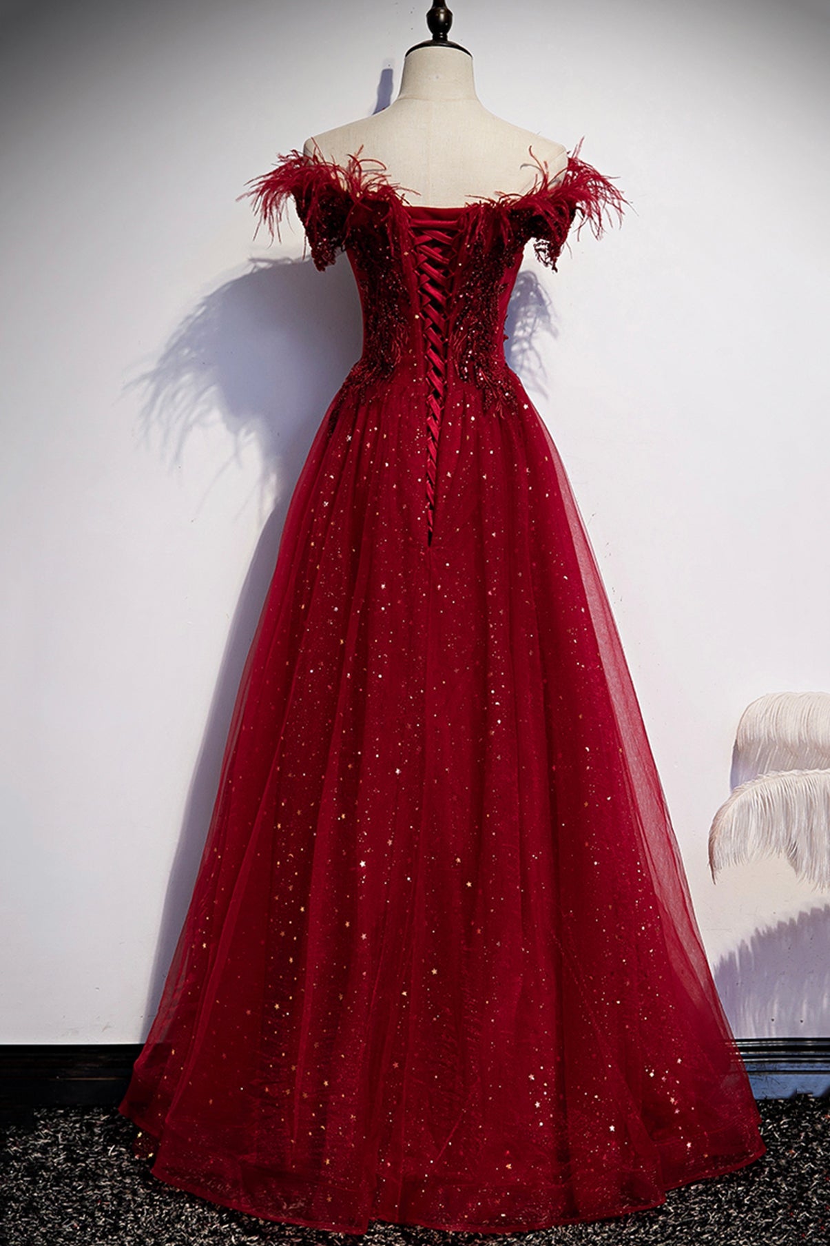 Burgundy tulle sequins long A line prom dress evening dress  8710