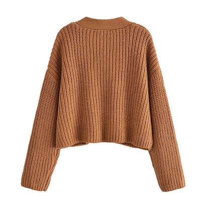 Versatile V-neck pocket sweater sweater sweater jacket  7758