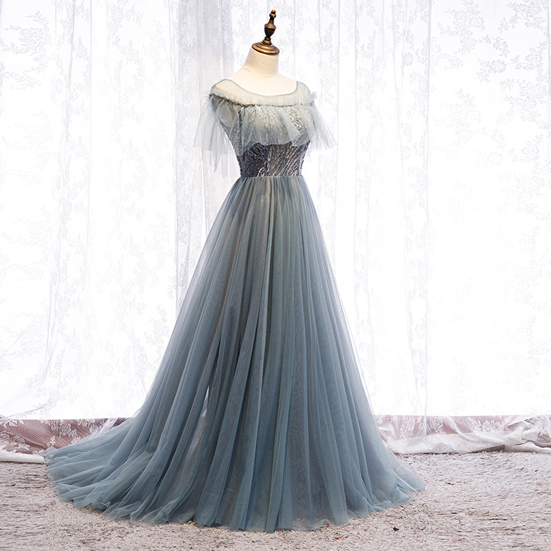 Gray tulle long ball gown dress evening dress  8317