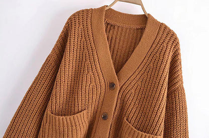 Versatile V-neck pocket sweater sweater sweater jacket  7758