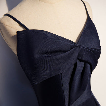 Dark blue satin long prom dress, simple evening dress  8074