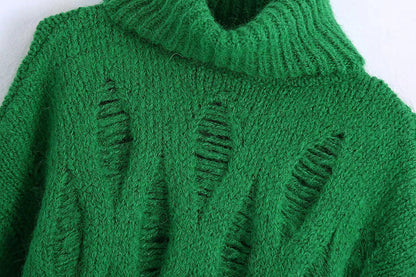 Hole decorated high neck Pullover Sweater  7714