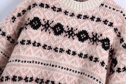 Versatile side slit jacquard loose sweater sweater  7725