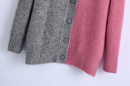 Versatile V-Neck long sleeve contrast stitched knit coat  7731