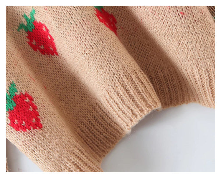 Strawberry jacquard mohair sweater loose round neck top  7743