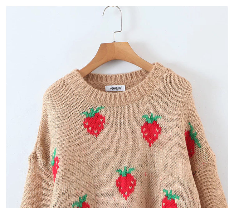 Strawberry jacquard mohair sweater loose round neck top  7743