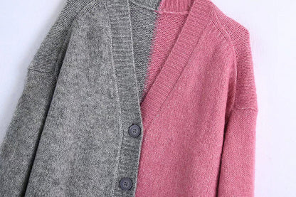 Versatile V-Neck long sleeve contrast stitched knit coat  7731