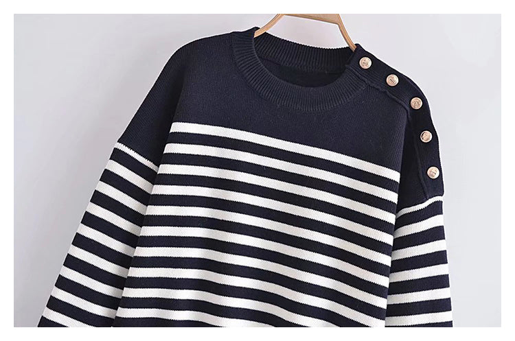 Loose gold breasted striped sweater  7732